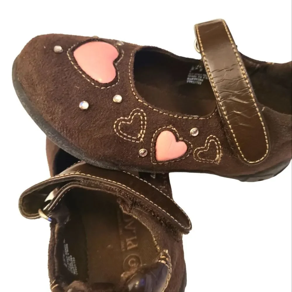 Children's Place Shoes Mary Jane's  sz‎ 5 Brown Suede Pink Hearts NEW